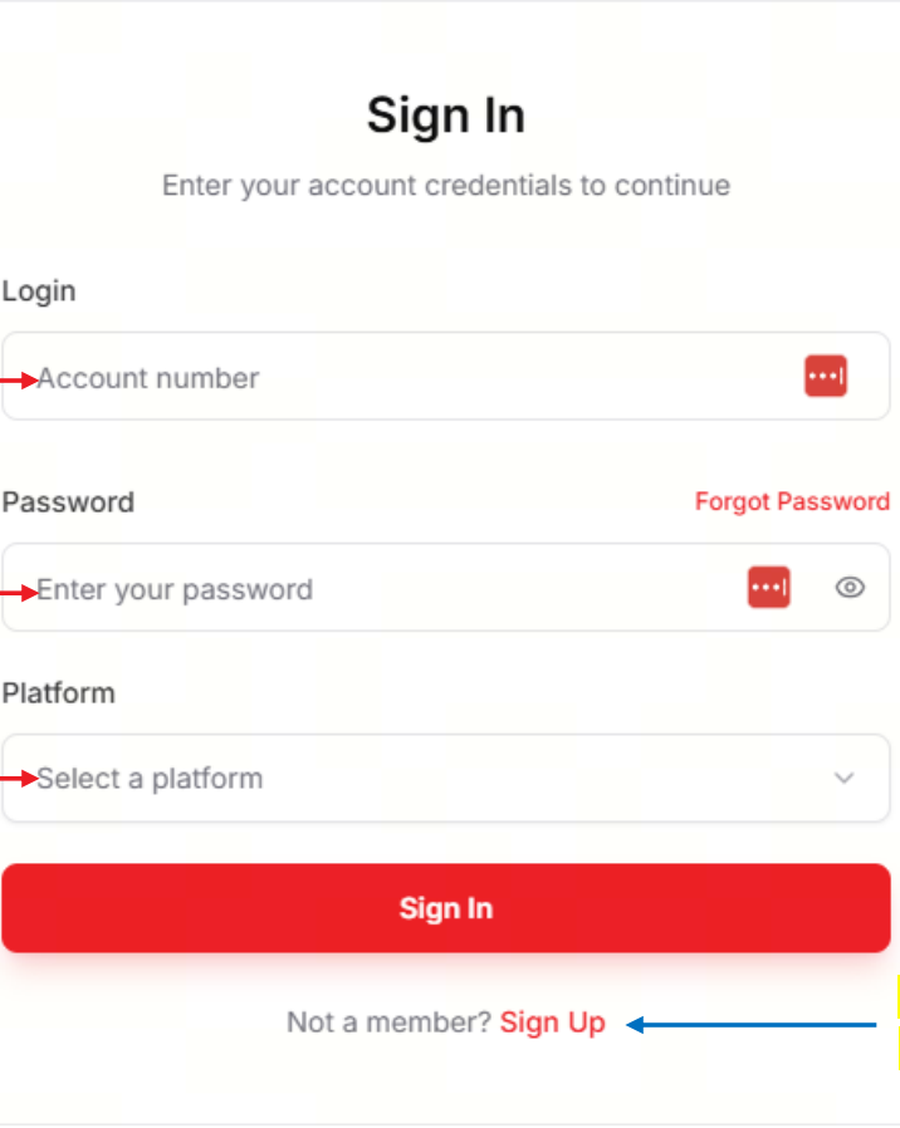 Tela de login da plataforma SmartPicks Copy Trading, com os campos de login, senha e seleção de plataforma.