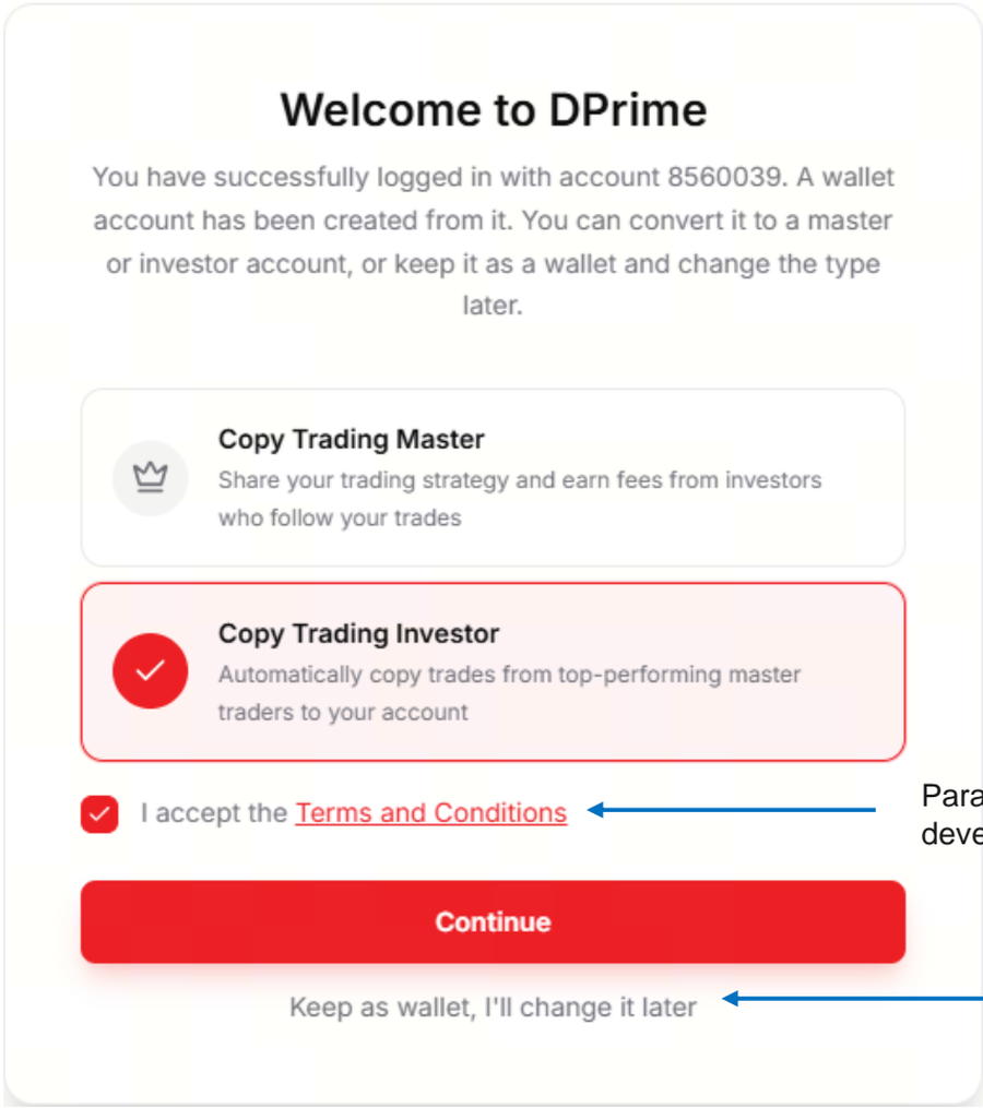 Tela de escolha do tipo de conta na plataforma, com as opções Copy Trading Master e Copy Trading Investor.